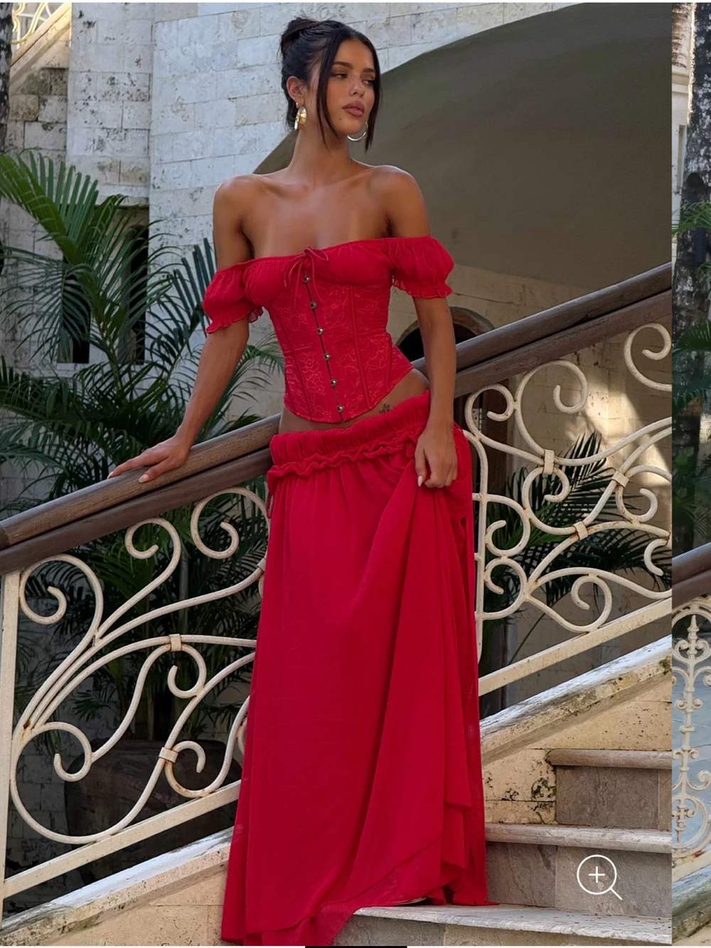 LUBELA OUTCAST RED MATCHING SET Off-Shoulder Corset Top with Matching Maxi Skirt